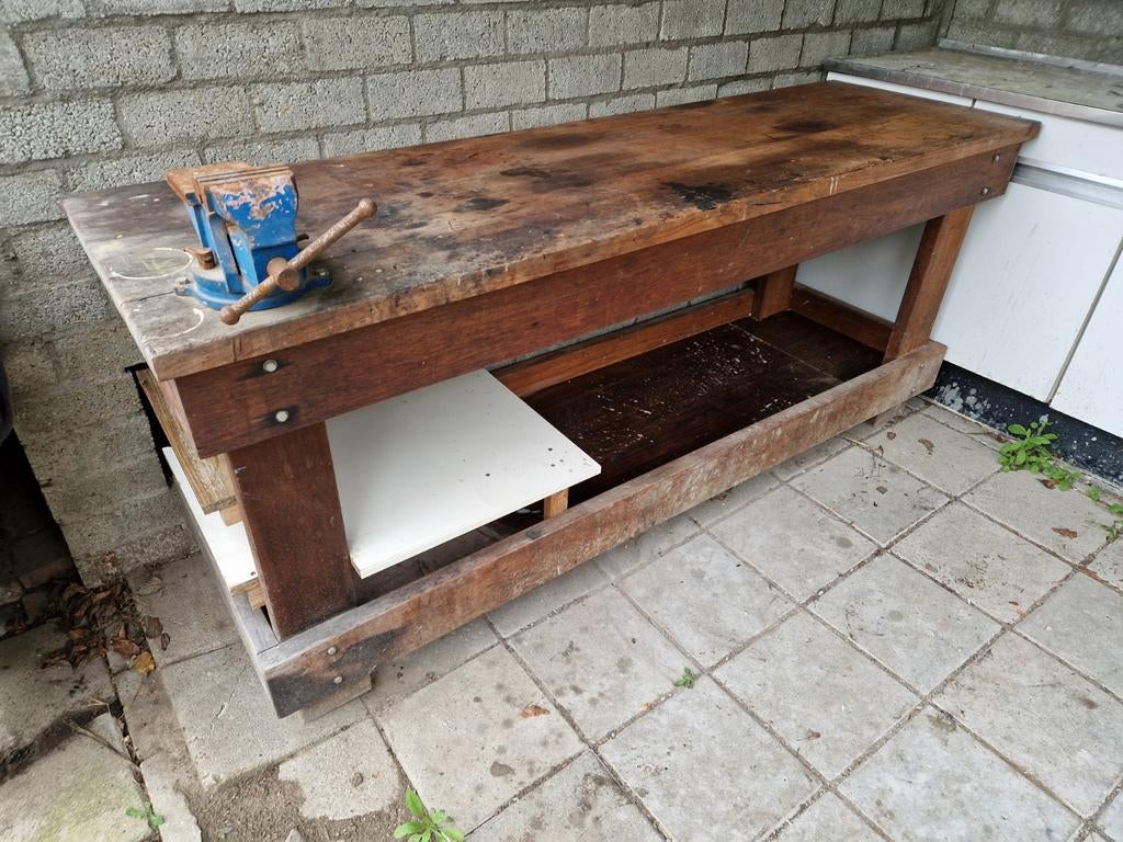 Oude werkbank met bankschroef, Ophalen, Gebruikt, 170 cm of meer, Bankschroef