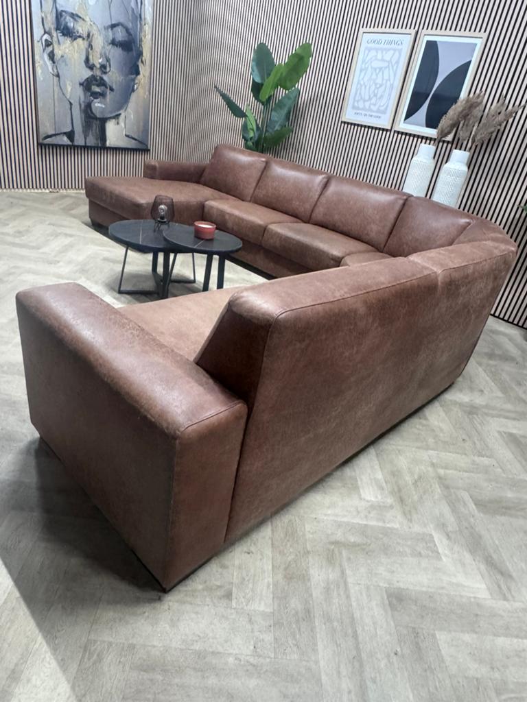 ZGAN Industriële U-Bank / Hoekbank - Cognac Bruin - 335cm, Modern industrieel cognac bruin u bank hoekbank microleer, -, -, Hoekbank