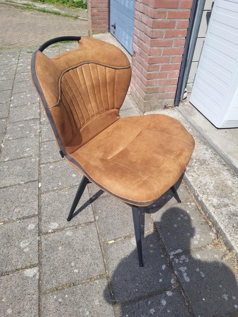 5x cognac eetkamerstoel - Bruin led stof met zwart metaal, Huis en Inrichting, Modern, Comfortabel, Bruin, Ophalen of Verzenden