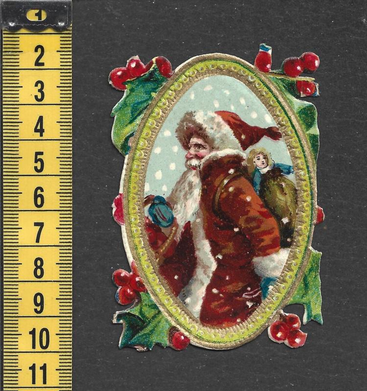 Kerstman met pop met goud antiek poezieplaatje (734), Ophalen of Verzenden