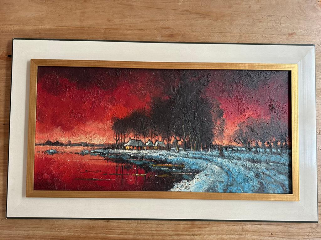 Jos van Dijk - Schilderij Winterlandschap met Rode Lucht, Antiek en Kunst, Kunst | Schilderijen | Klassiek, Ophalen of Verzenden