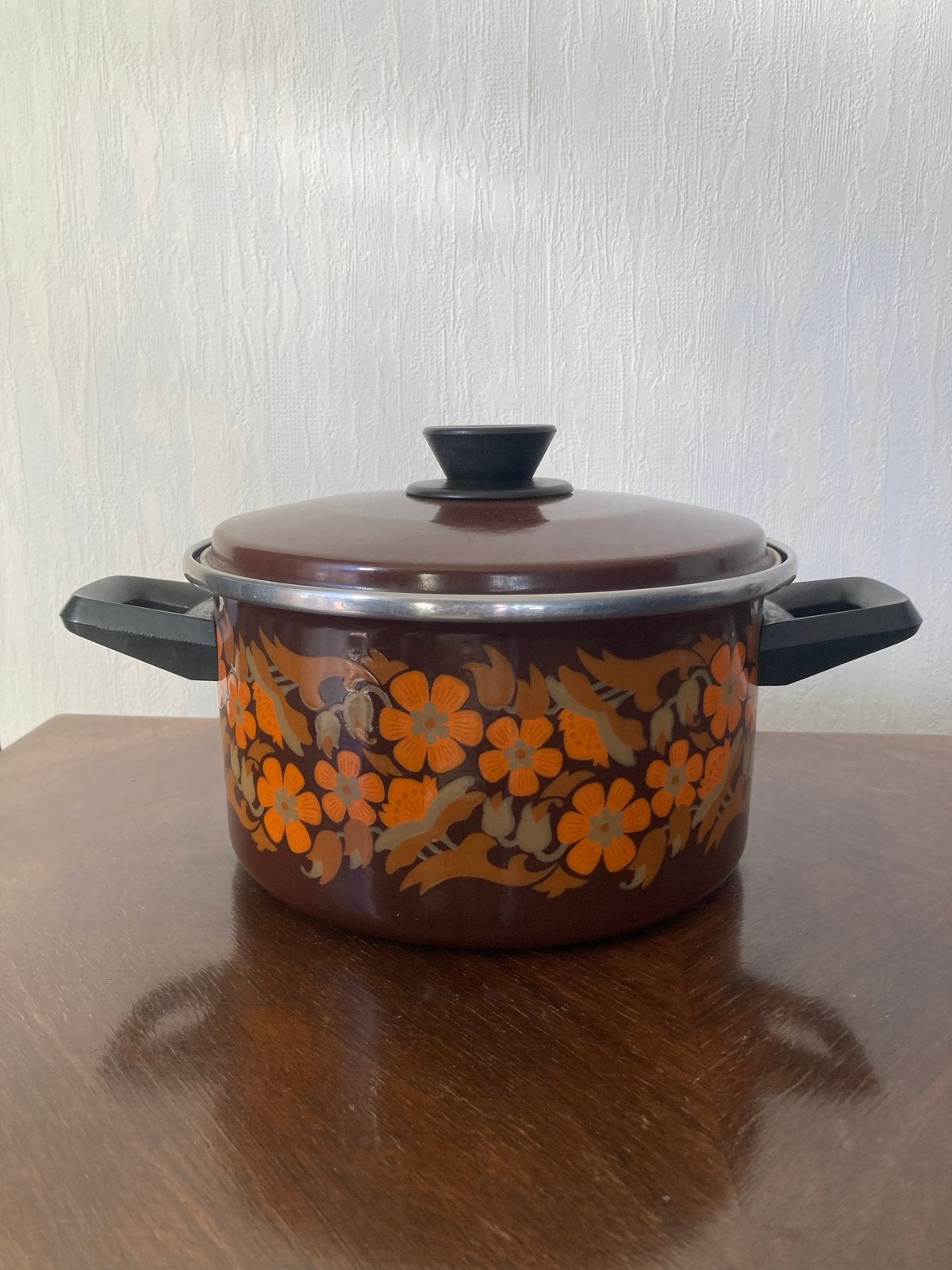 Vintage Kookpan met bloemmotief en deksel, Huis en Inrichting, Keuken | Potten en Pannen, Gebruikt, Met deksel, Ophalen of Verzenden