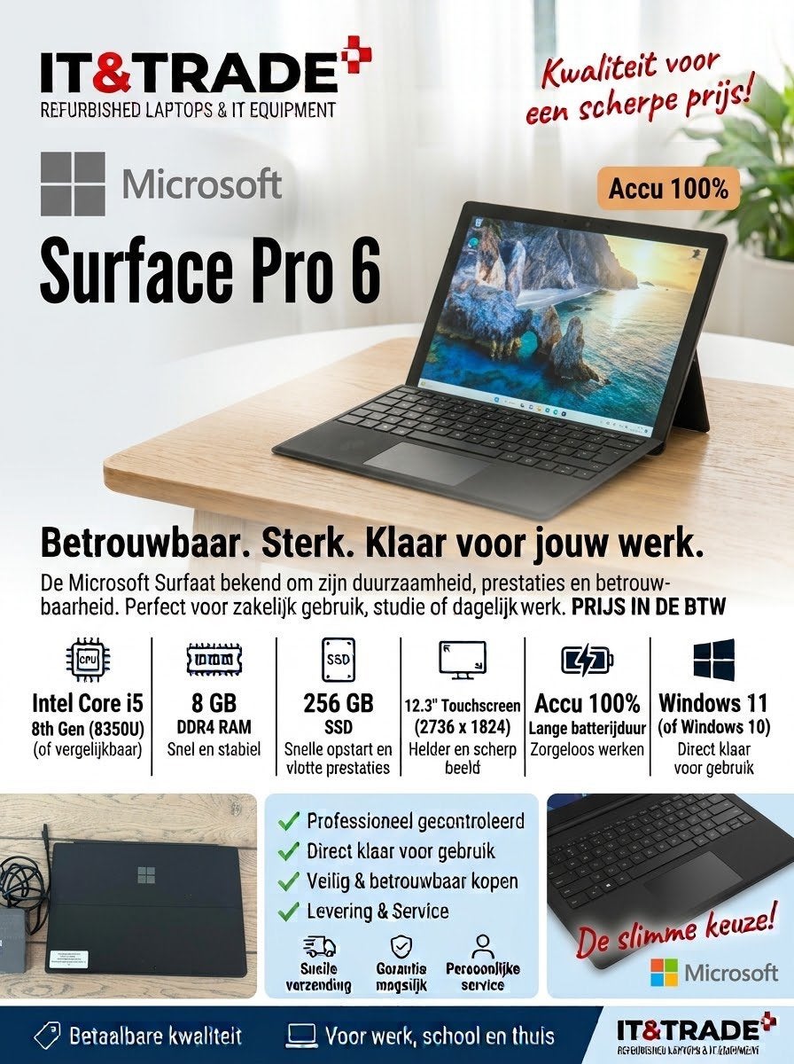 Microsoft Surface Pro 6 | i5-8350U | 8GB | 256GB SSD | Touch, 256 GB, 2 tot 3 Ghz, Qwerty, Microsoft