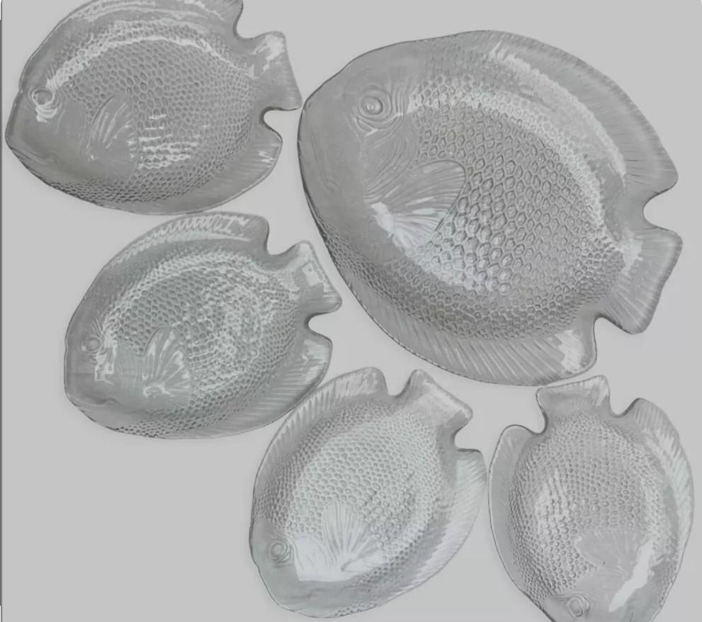 Vintage glazen schalen set, Arcoroc France, vissen borden, Huis en Inrichting, Keuken | Servies, Zo goed als nieuw, Schaal of Schalen