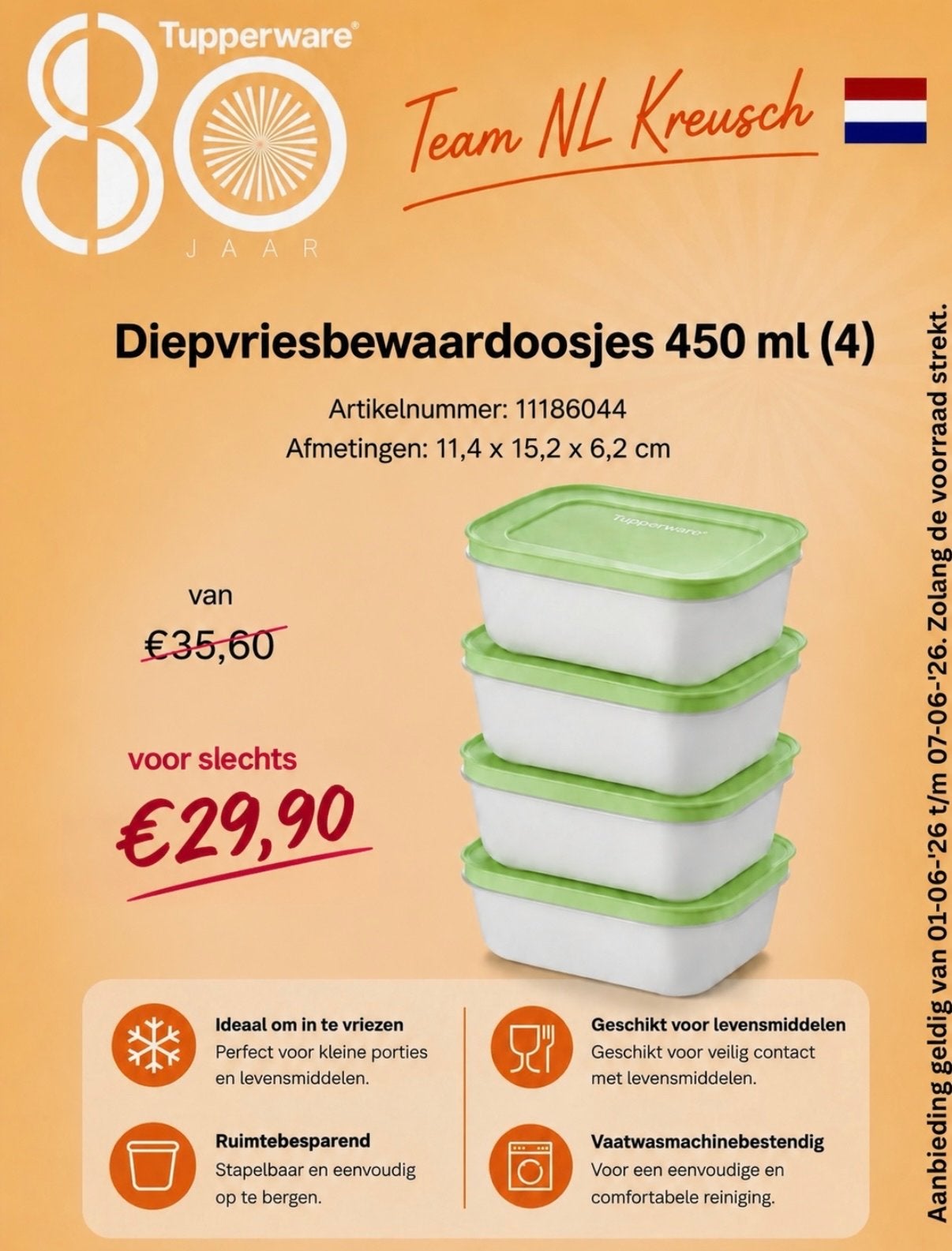 Tupperware Diepvriesdoosjes 450 ml - Set van 4, Bewaardoos, Nieuw, Ophalen of Verzenden, Geschikt voor vriezer