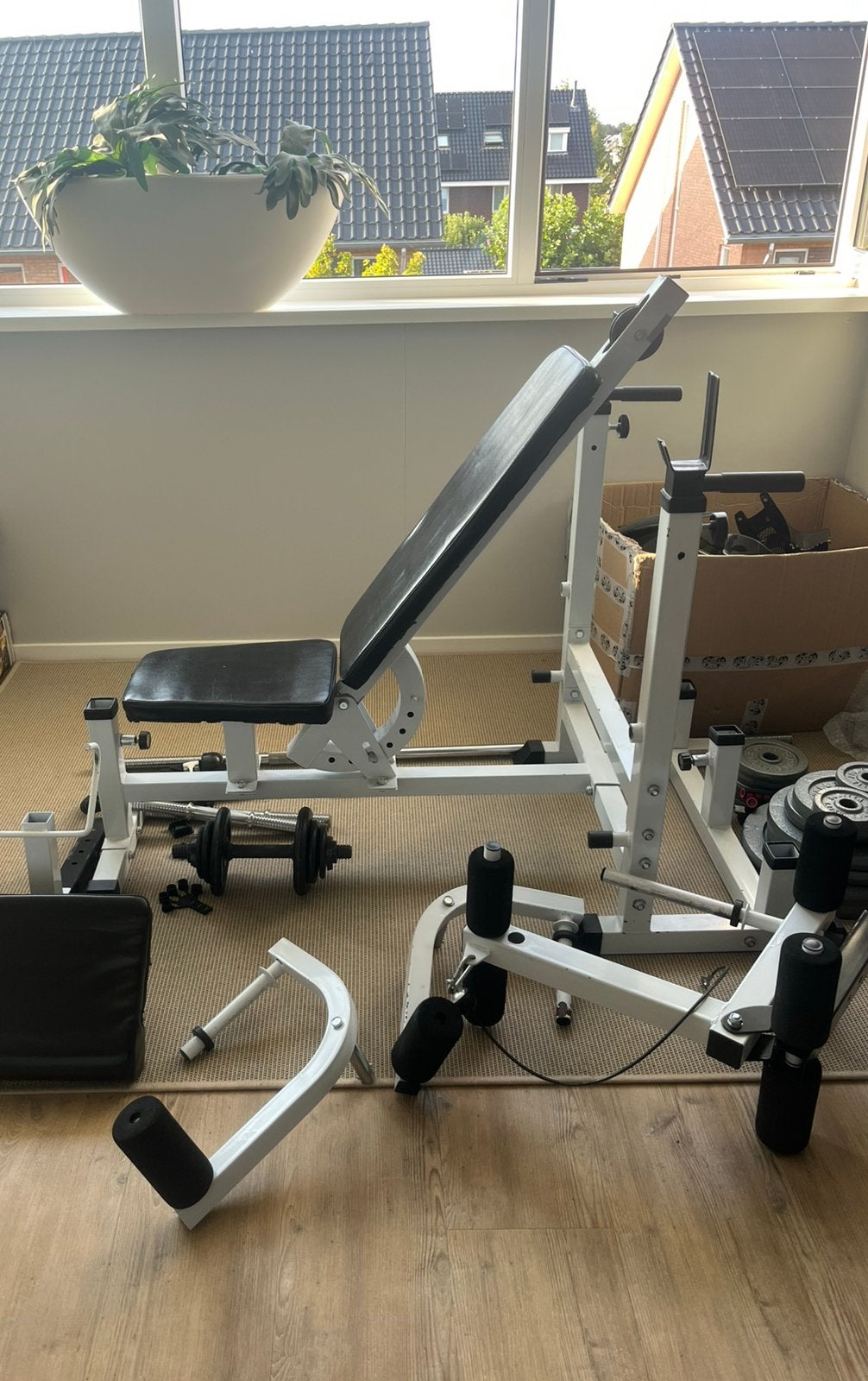 Gymset met verstelbare bank en diverse gewichten, Ophalen, Gebruikt, Krachtstation, Armen