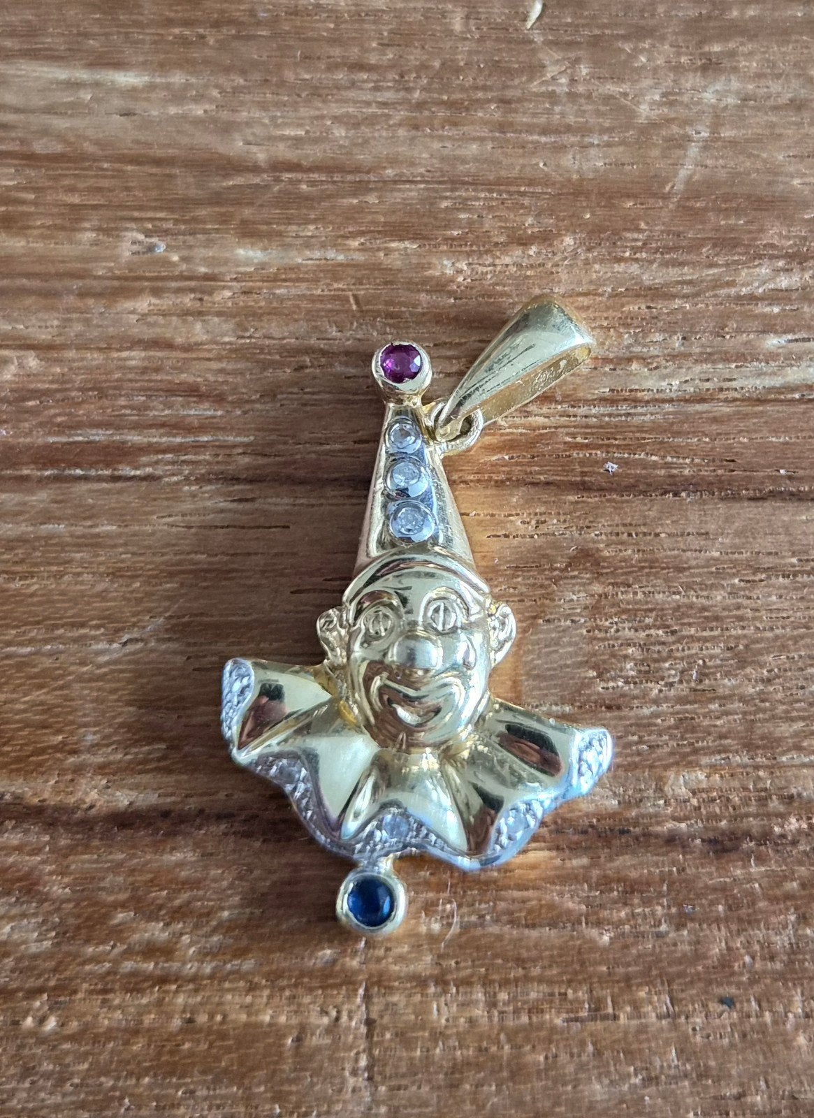 Vintage 14kt Harlekijn hanger goud diamant robijn saffier, Ophalen of Verzenden, Zo goed als nieuw, Goud, Goud