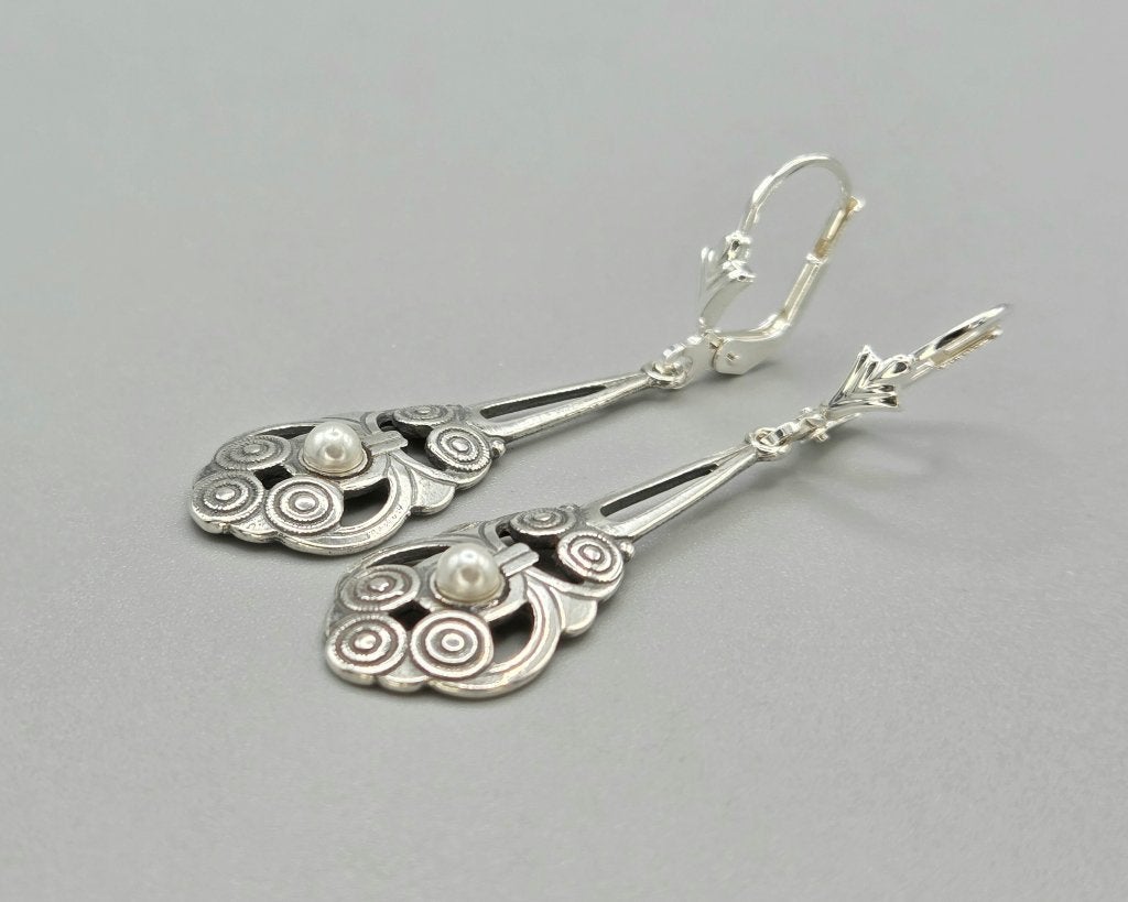 Zilveren Art Deco oorbellen met parel. 2026/348, Hangers, ., Nieuw, Ophalen of Verzenden