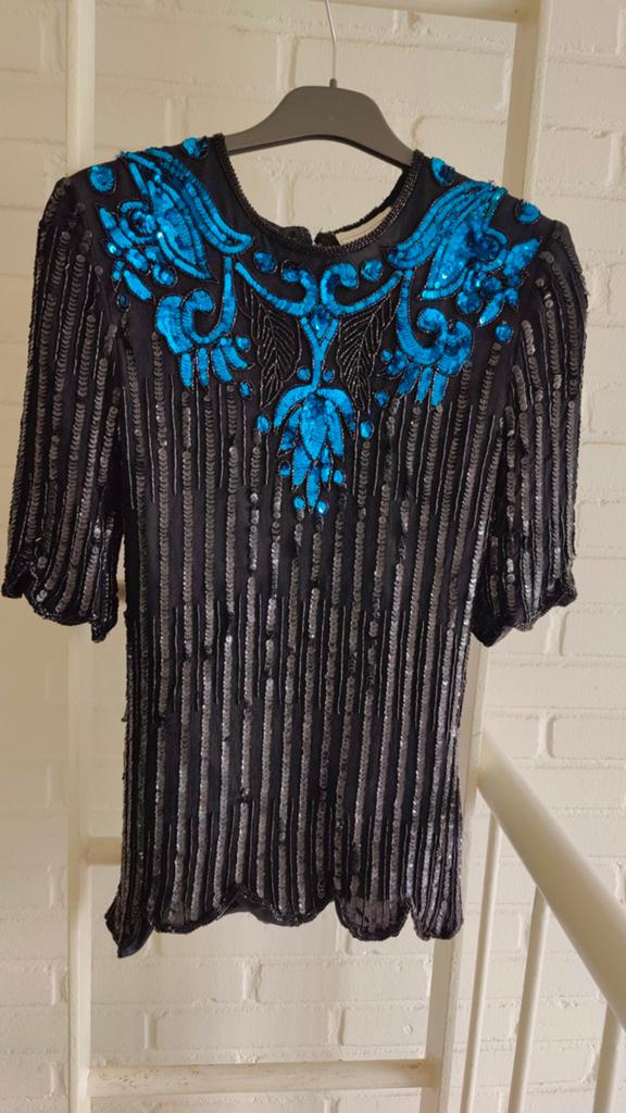 Vintage Frank Usher pailletten top zwart/blauw, Zwart, Ophalen of Verzenden, Zo goed als nieuw, Korte mouw