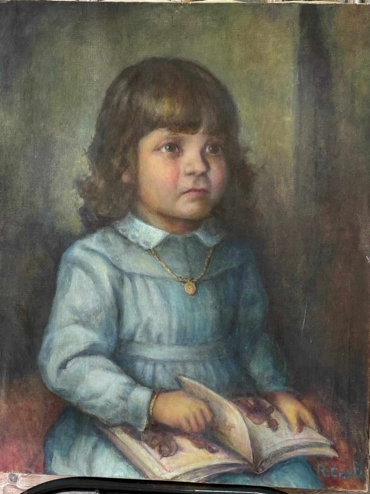 Antiek olieverf kinderportret op doek - 50 x 60 cm, Antiek en Kunst, Kunst | Schilderijen | Klassiek, Doek, Portret of Personen