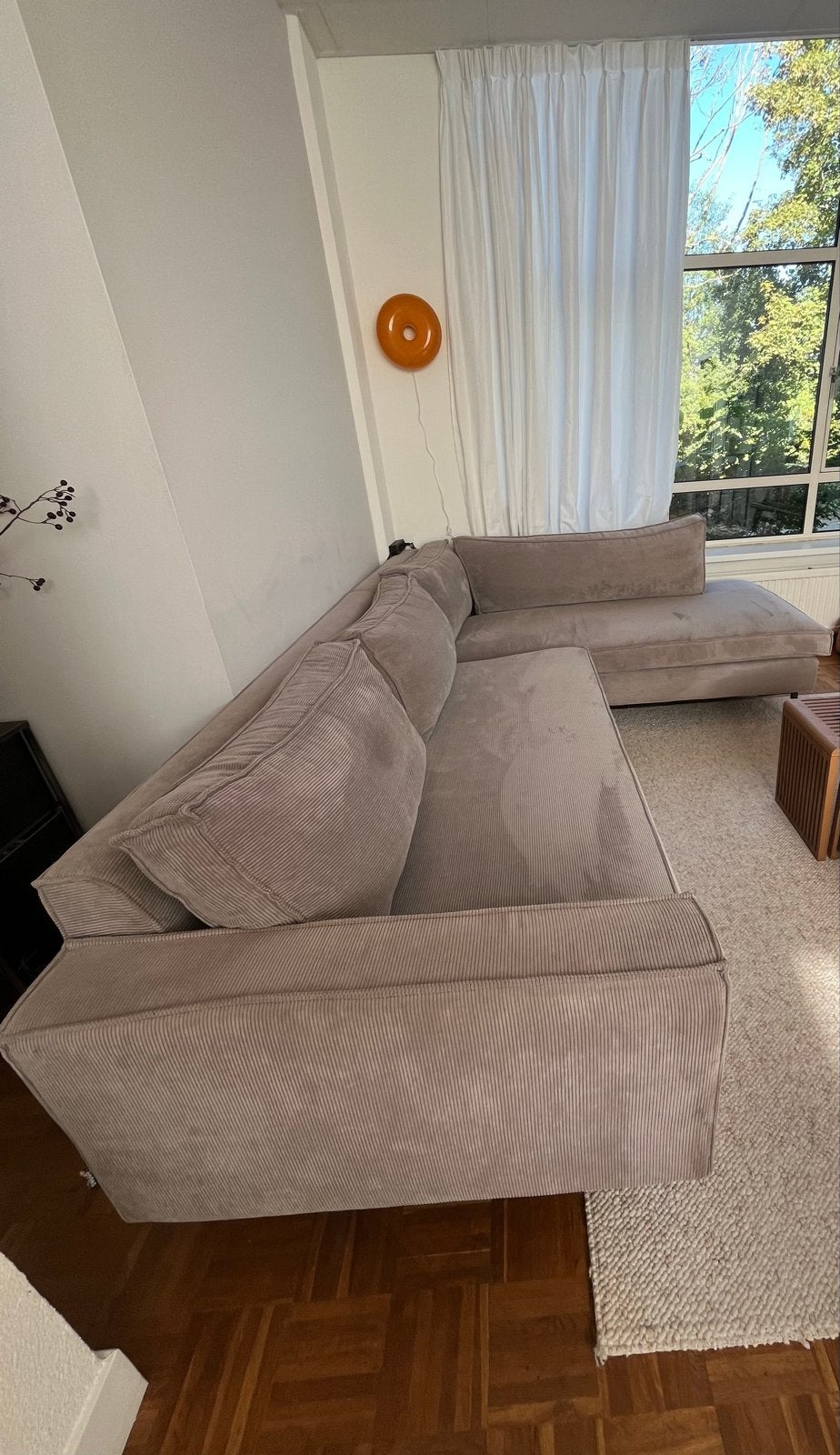 Comfortabele Hoekbank - Woood Arwin rechts - ribstof, Ophalen, 250 tot 300 cm, Gebruikt, 100 tot 125 cm