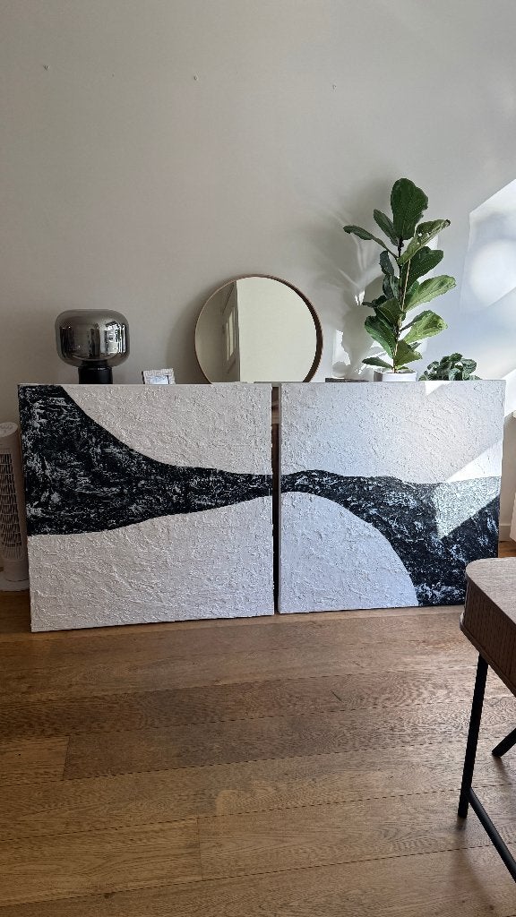 Set van 2 originele abstracte schilderijen – 100 x 100 cm, Ophalen, Zo goed als nieuw, Schilderij, 75 tot 100 cm