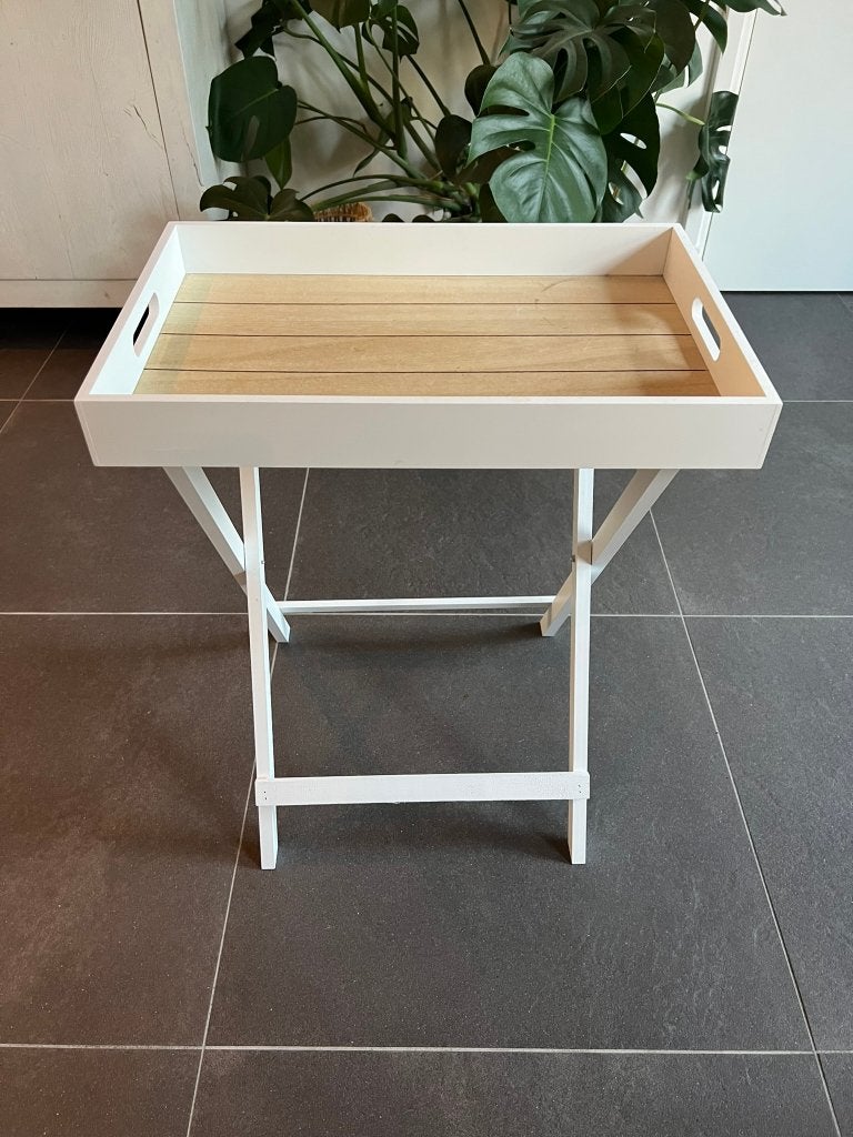 Witte inklapbare dienbladtafel / bijzettafel met houten blad, Minder dan 55 cm, Gebruikt, Rechthoekig, Hout