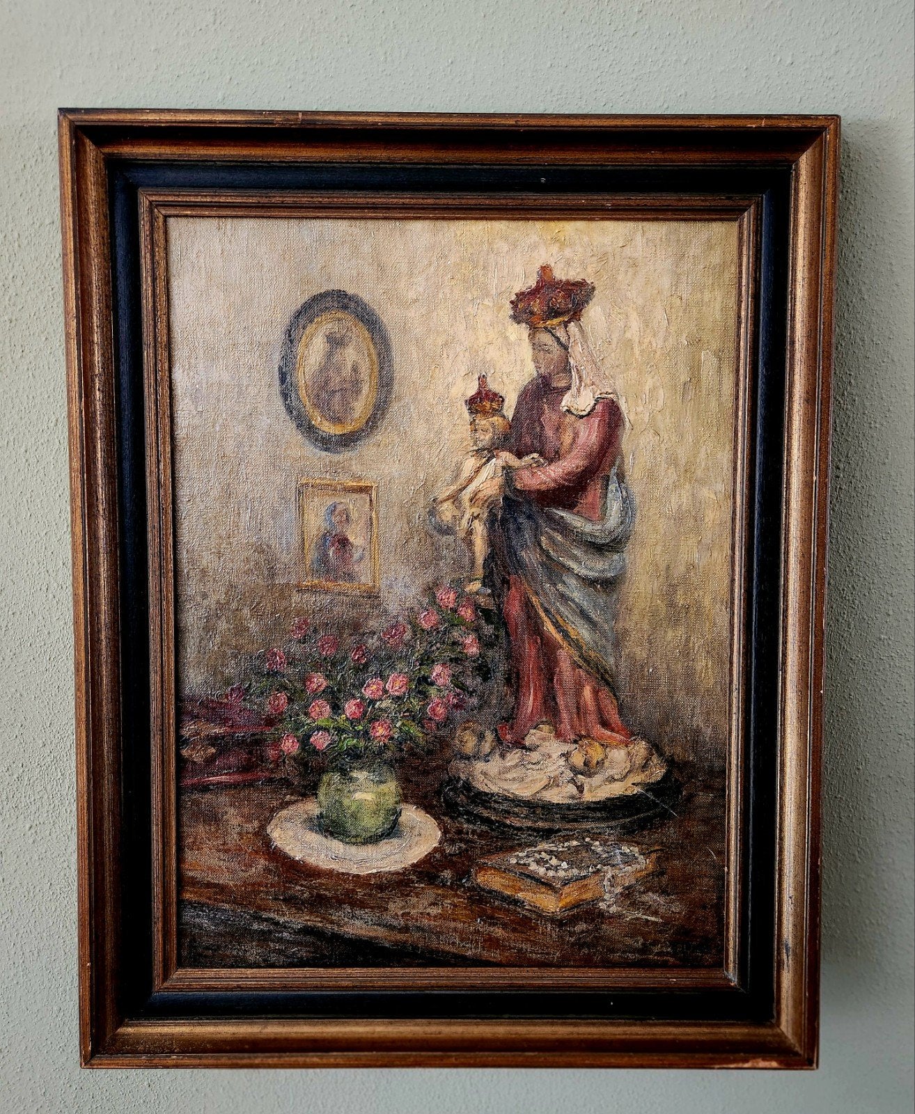 Vintage Olieschilderij Madonna met Kind en Bloemen, A. Luycx, Antiek en Kunst, Ophalen of Verzenden