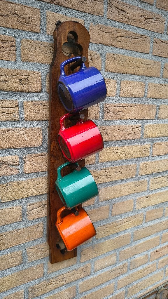 Mokkenrek met 4 gekleurde keramieken mokken, Huis en Inrichting, Gebruikt, Overige merken, Keramiek, Vintage