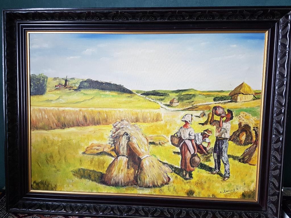 Korenlandschap met schoven en landbouwers, Antiek en Kunst, Kunst | Schilderijen | Klassiek, Ophalen of Verzenden