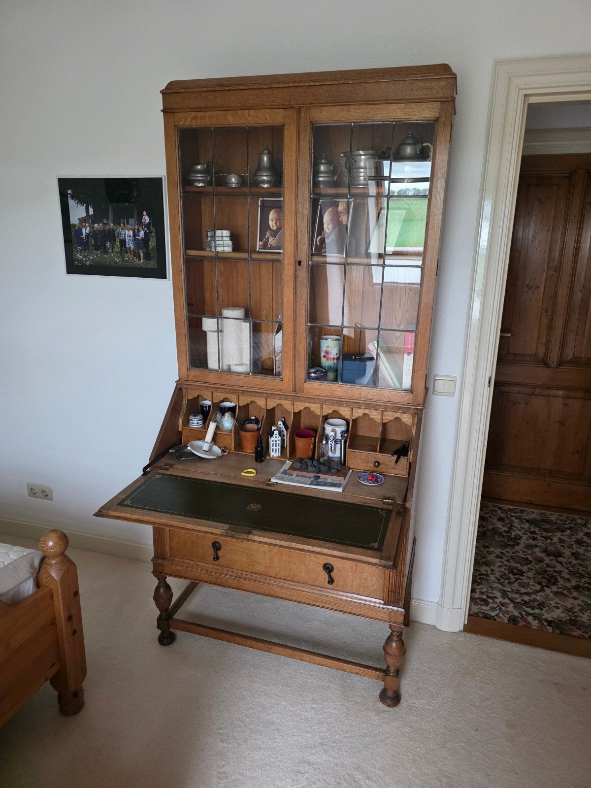 Antiek licht eiken secretaire met vitrinekast - 90 cm breed, Ophalen of Verzenden