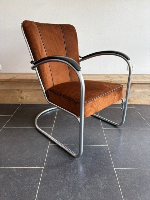 Gispen 412 fauteuil, zijdemat , nieuwe goudbruine ribstof, Huis en Inrichting, Fauteuils, Design, 75 tot 100 cm, Zo goed als nieuw