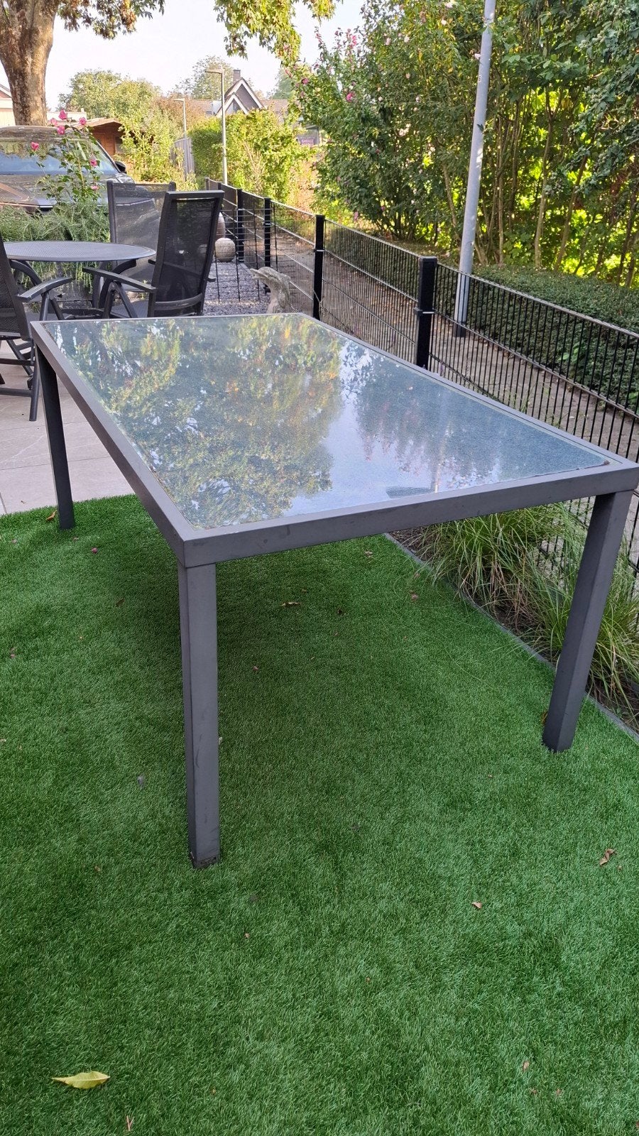 Tuin eettafel met glazen blad, Ophalen, Gebruikt, Rechthoekig, Metaal