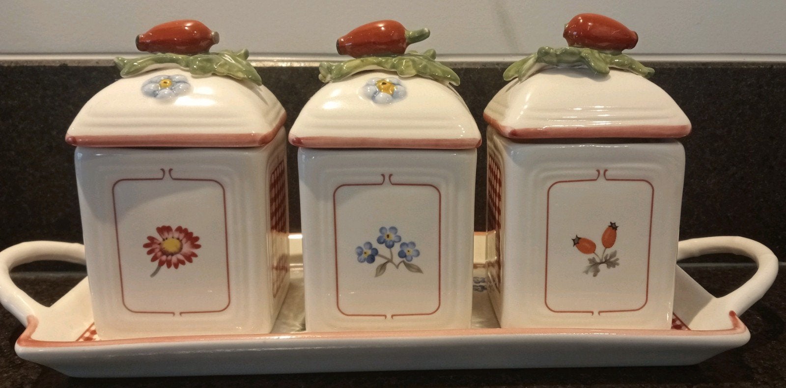 Villeroy & Boch - Blad met 3 Voorraad Potjes, Antiek en Kunst, Curiosa en Brocante, Ophalen of Verzenden