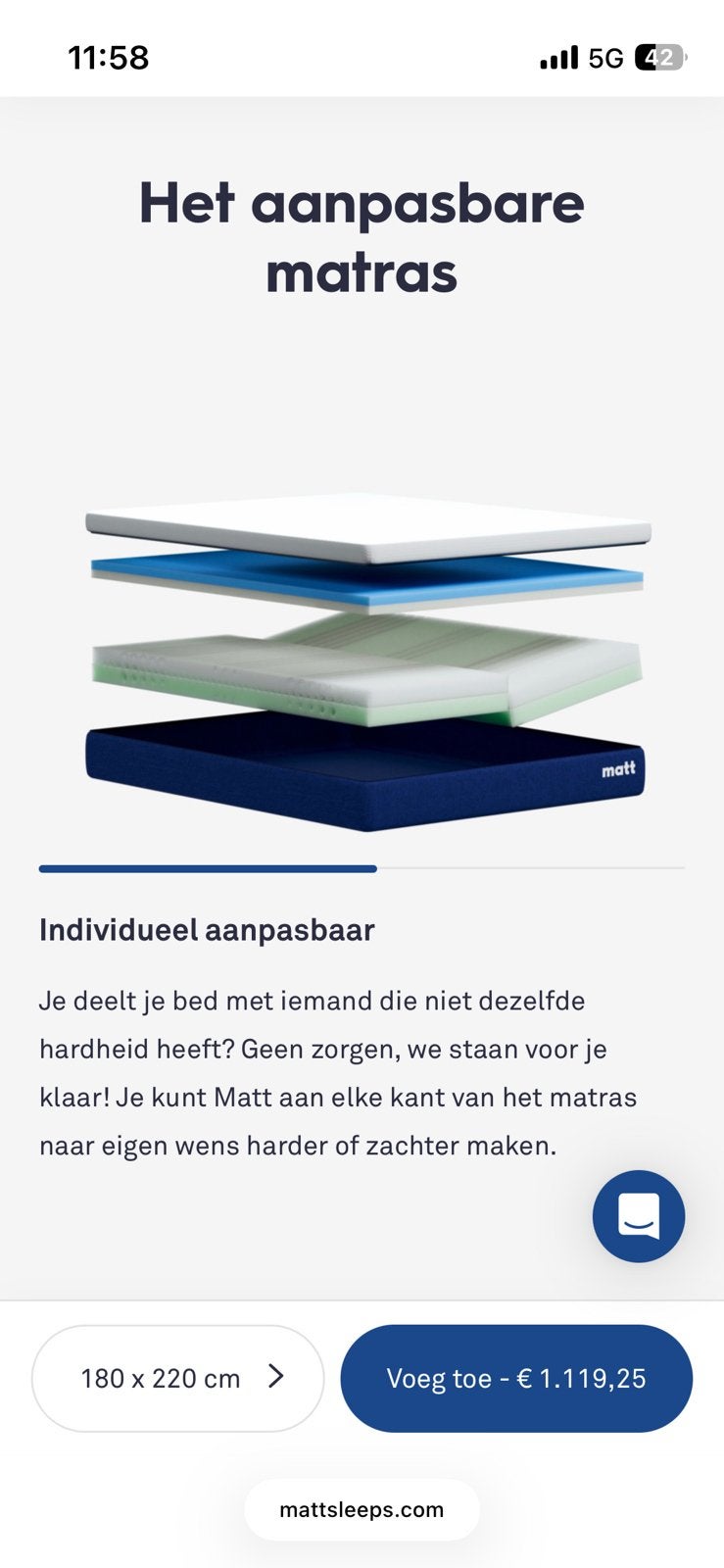 Matt Sleeps matras 180x220 cm – slechts 6 maanden oud – €250, Ophalen, Tweepersoons, Zo goed als nieuw, 180 cm