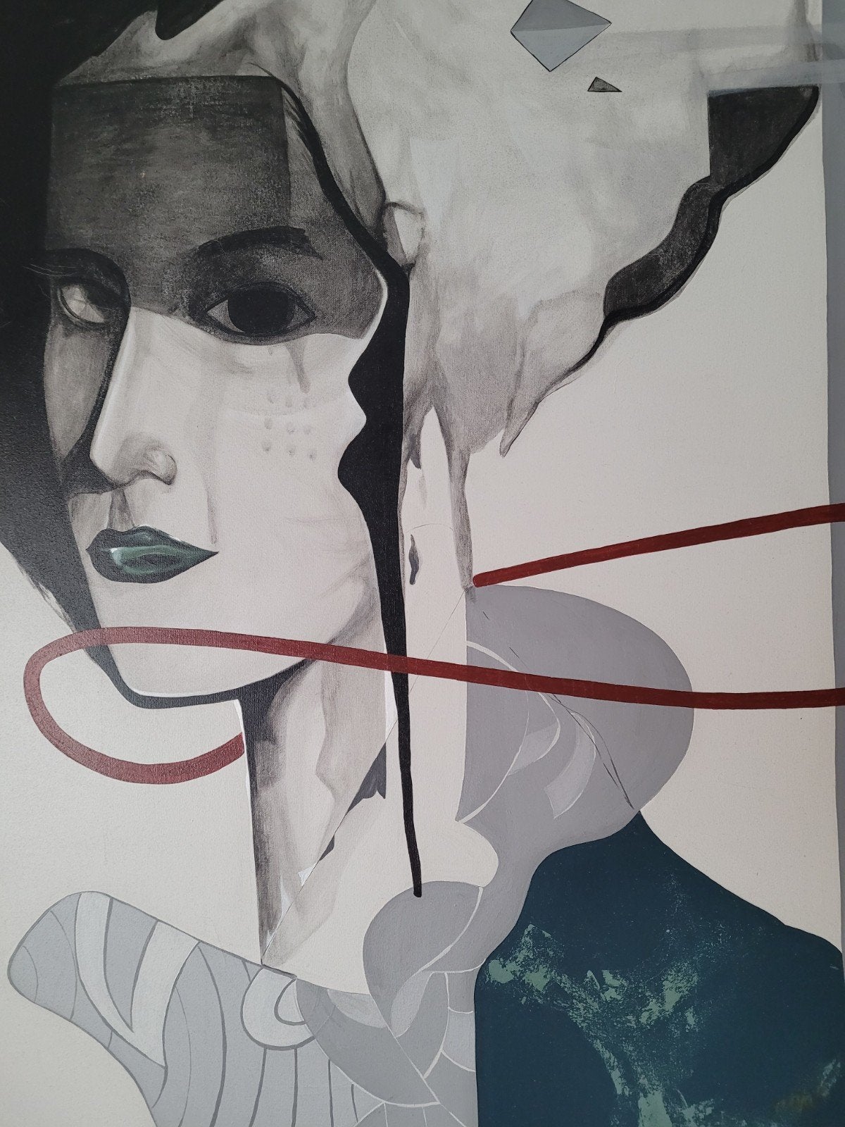 Modern abstract portret schilderij, gesigneerd, Ophalen, Acrylverf, Op houten frame, Portret