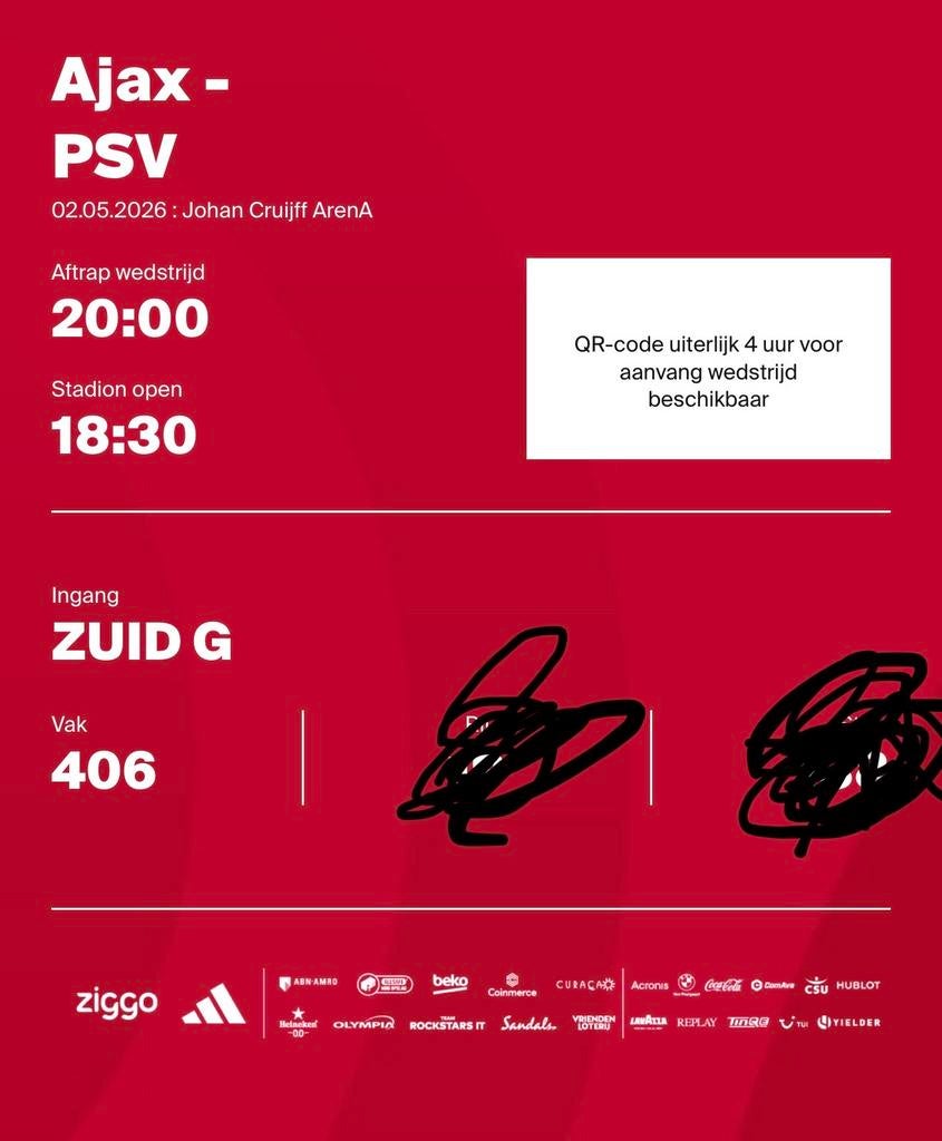 AJAX - PSV VAK 406 (1 kaart), Eén persoon, Februari
