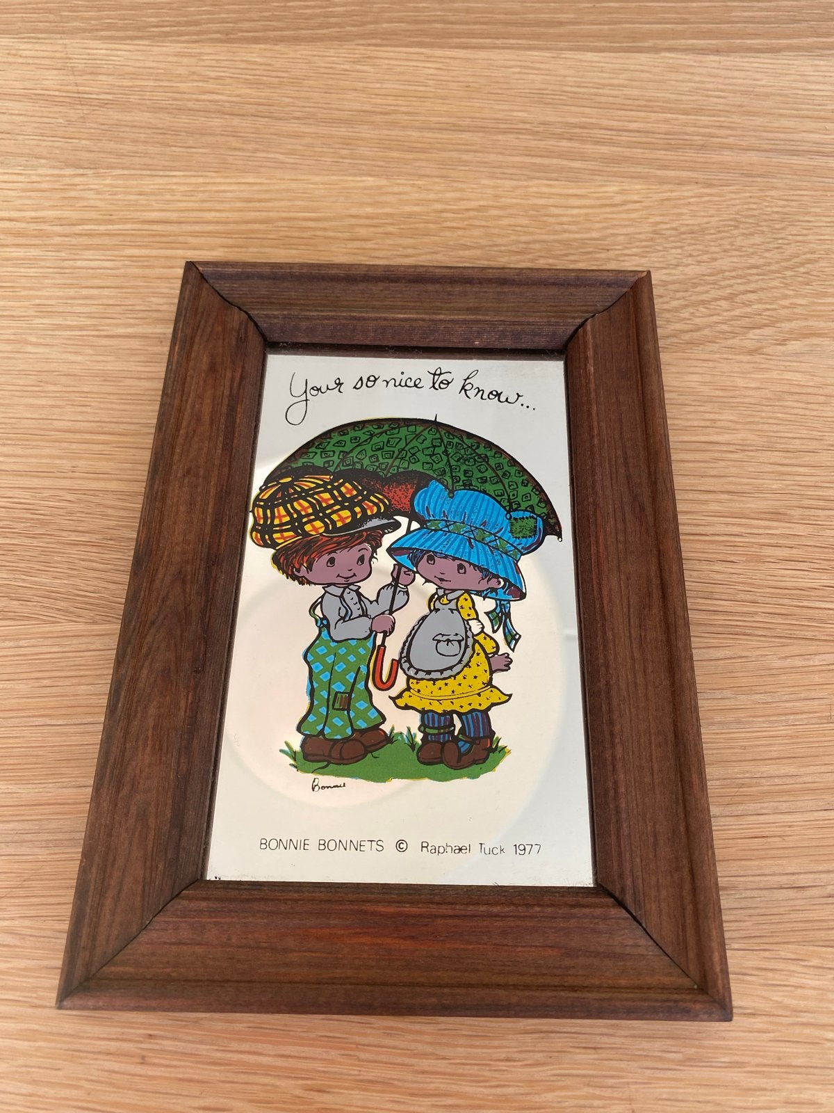 Vintage wandspiegeltje van Bonnie Bonnets 1977, Bruin, Gebruikt, Ophalen of Verzenden, Met afbeelding