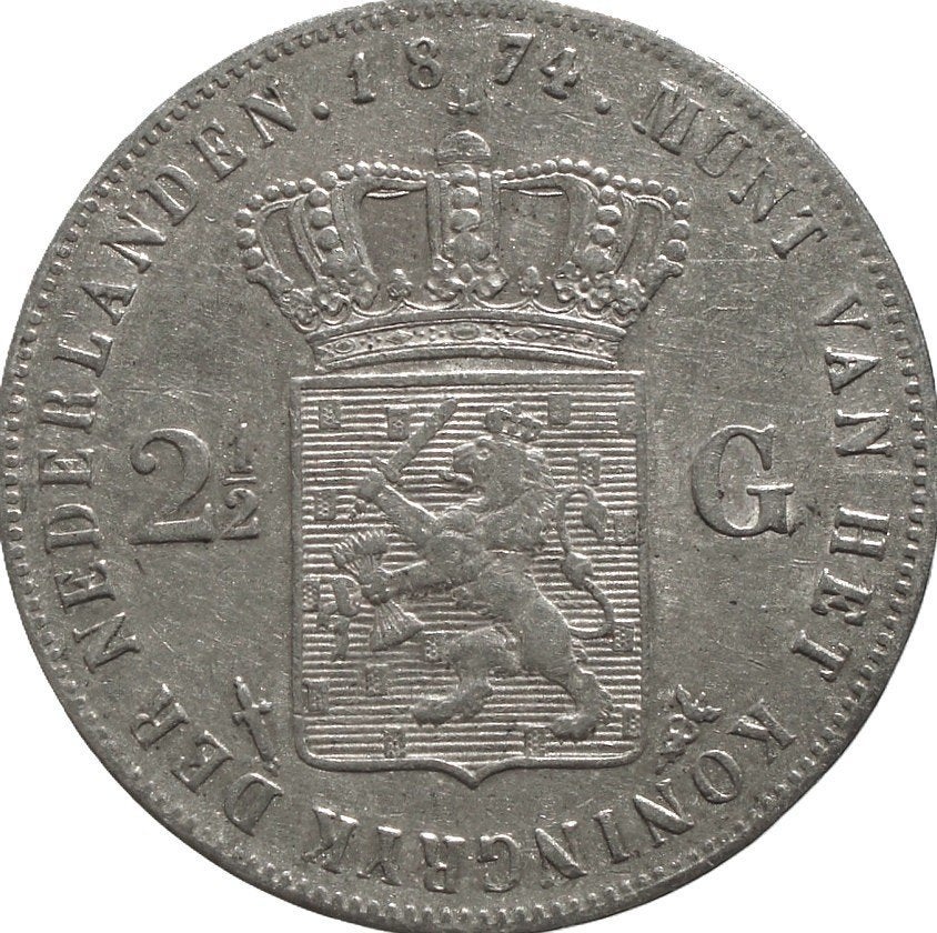 Nederland 2,5 gulden 1874 (klaver, zilver), Koning Willem III, Zilver, Ophalen of Verzenden, Losse munt