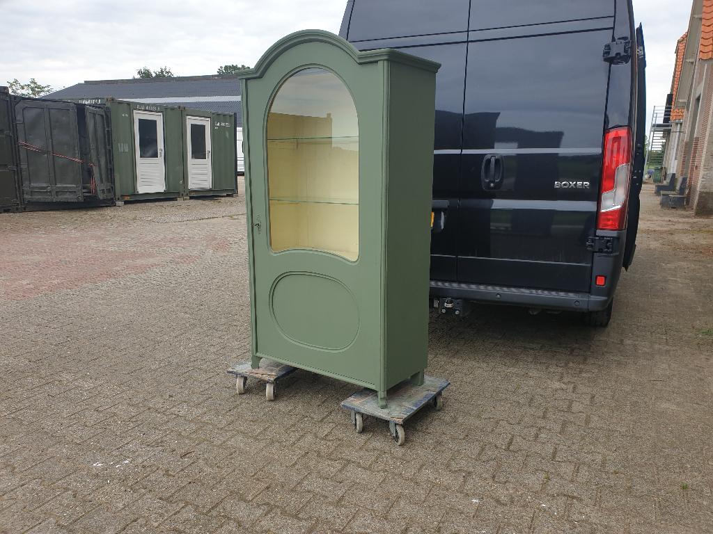 Schitterende antieke groene brocante kast, Gebruikt, 150 tot 200 cm, 25 tot 50 cm, 50 tot 100 cm
