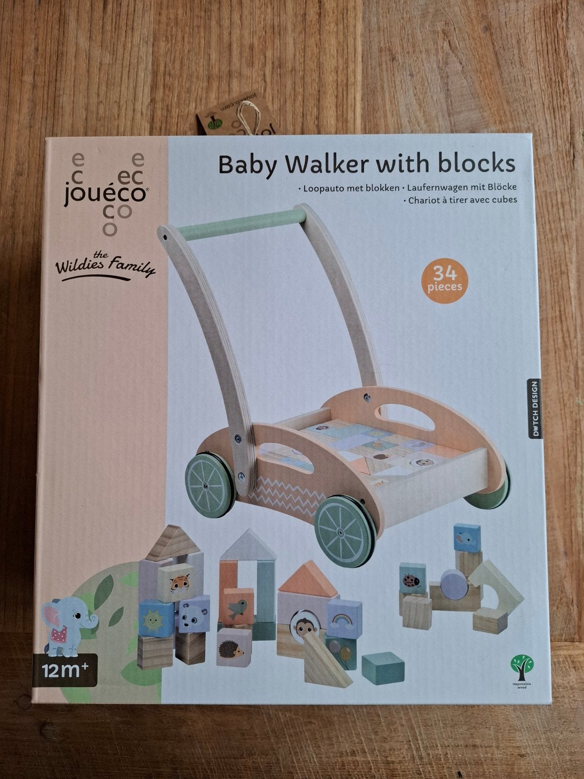 Joueco houtn loopwagen / duwkar met blokken, Zwolle, Nieuw, Ophalen of Verzenden, Joueco