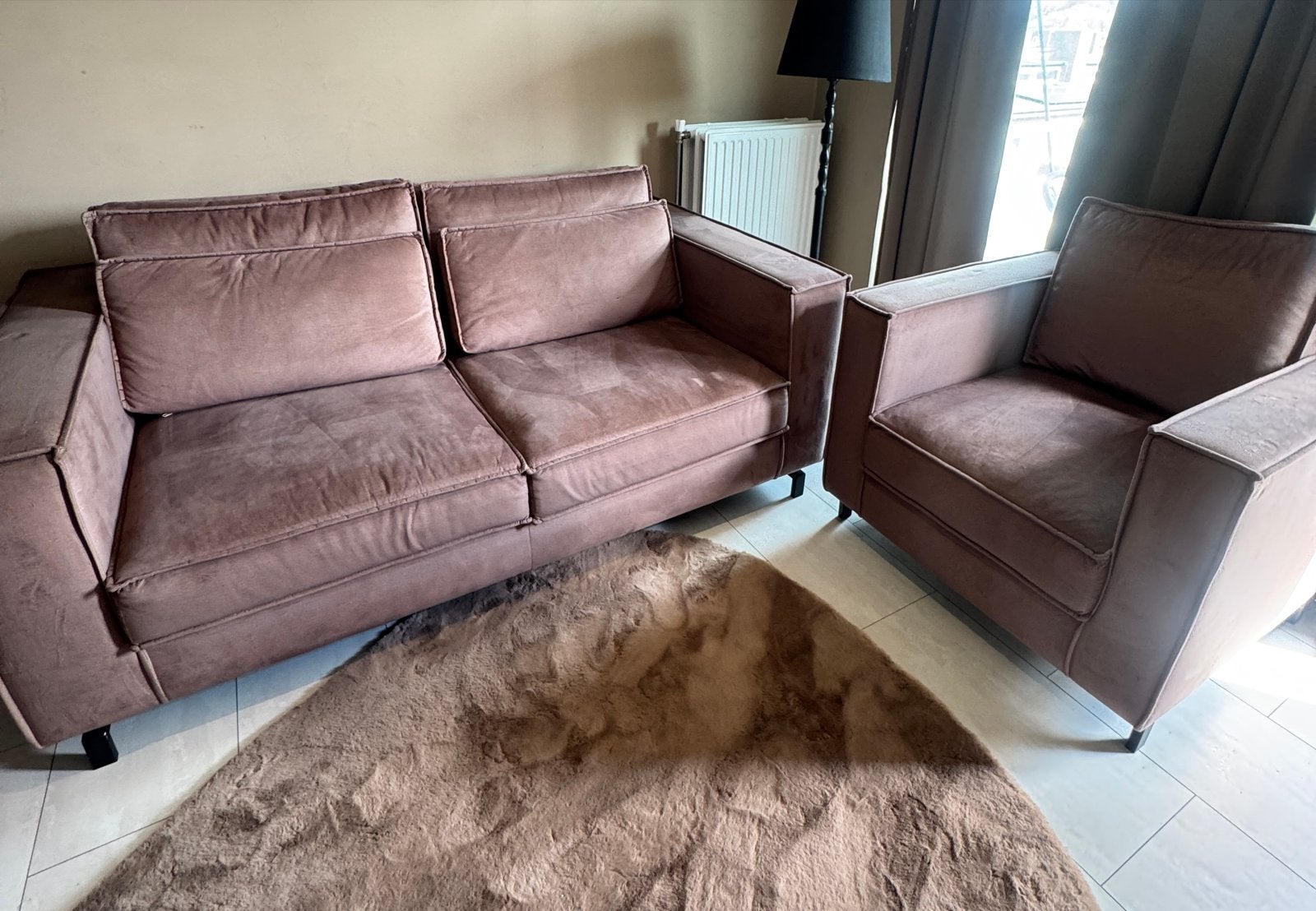 Mooie taupe/bruin velvet bankstel 2+1 met poef, Ophalen, Gebruikt, 150 tot 200 cm, Driepersoons