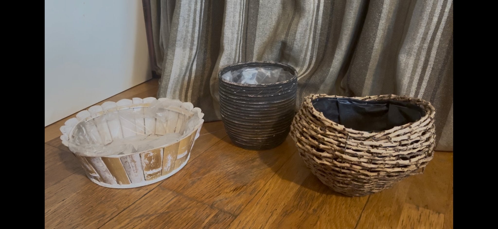 3 decoratieve bloempot plantenbak bloem pot rond riet hout b, 25 tot 40 cm, Overige materialen, Gebruikt, Binnen