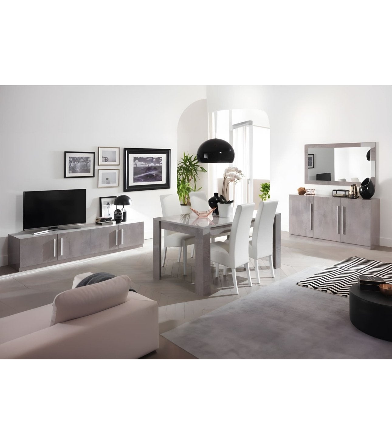 Complete set: beton marmeren eettafel, salontafel, dressoir, Ophalen