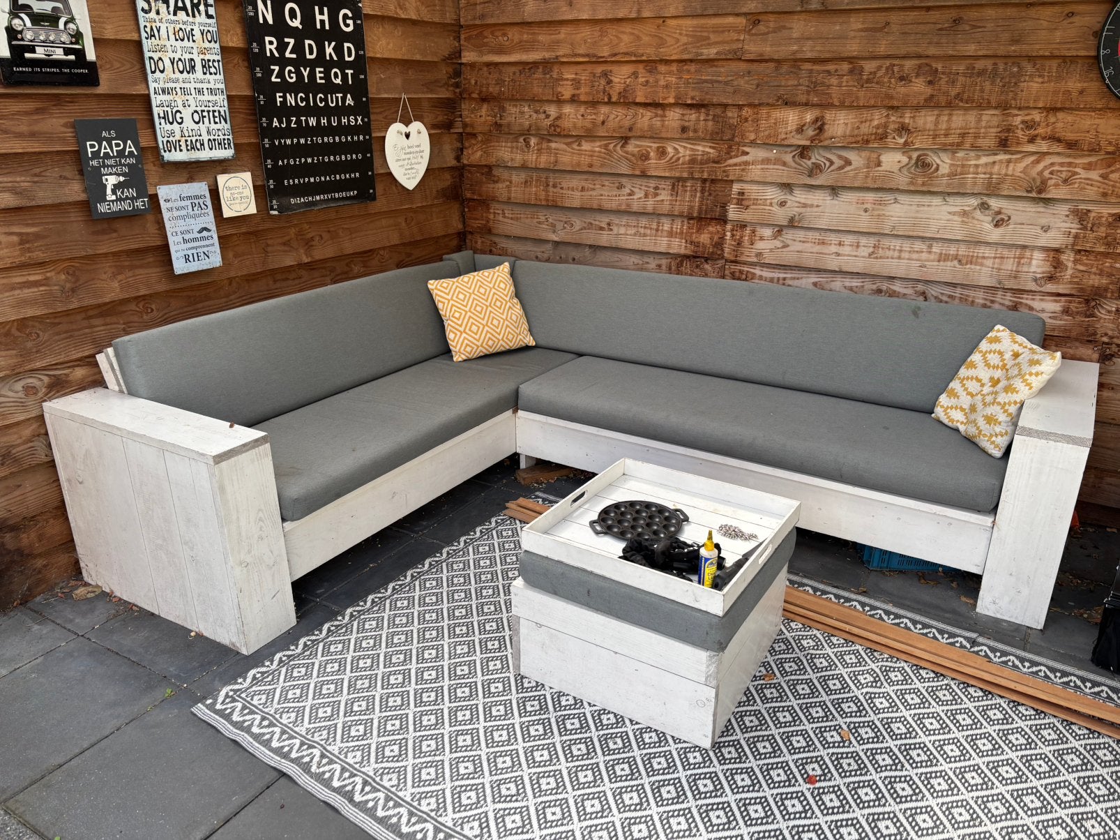 Hoekbank steigerhout incl kussens, Tuin en Terras, Ophalen, Zo goed als nieuw, Steigerhout, Bank