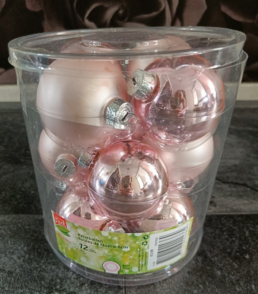 12 roze kerstballen Ø 6 cm, Diversen, Kerst, Ophalen of Verzenden, Zo goed als nieuw