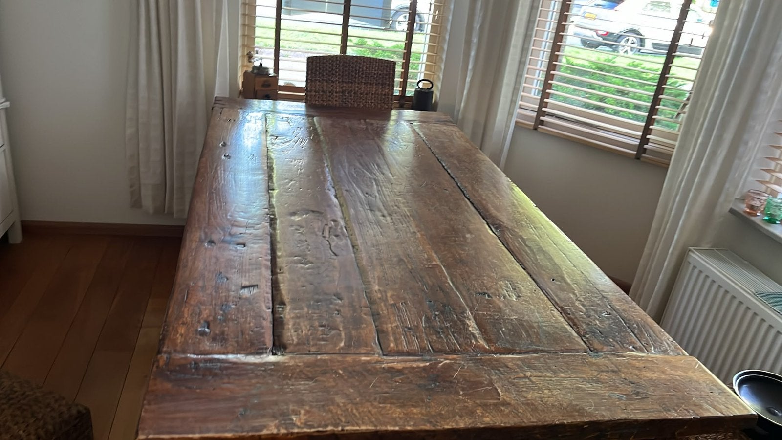 Eetkamer tafel teakhout, inclusief stoelen., Ophalen, Gebruikt, Teakhout, 50 tot 100 cm