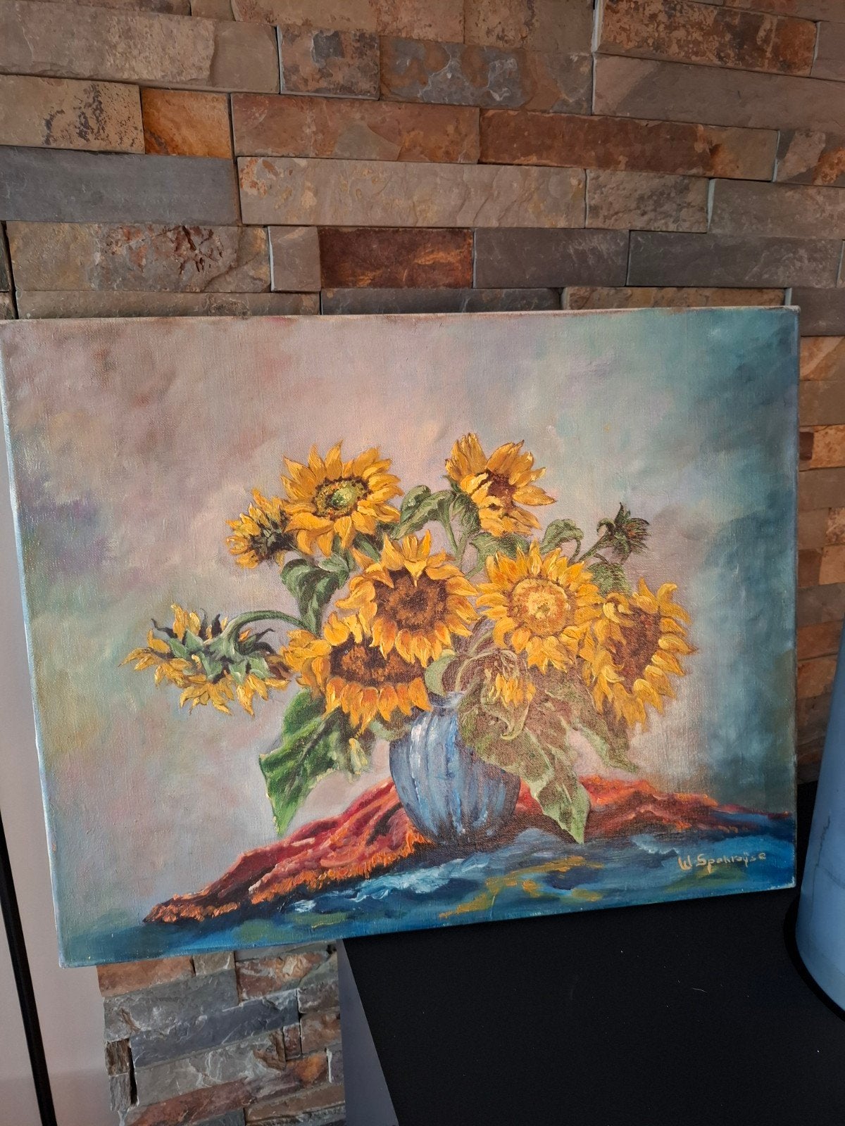 Gesigneerd canvas schilderij: Zonnebloemen in vaas, Ophalen of Verzenden