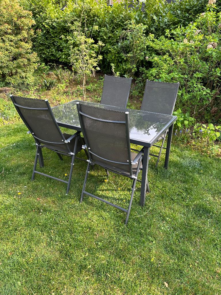 Tuintafel met 4 stoelen, Tuin en Terras, Tuinsets en Loungesets, Ophalen, 4 zitplaatsen, Gebruikt, Aluminium