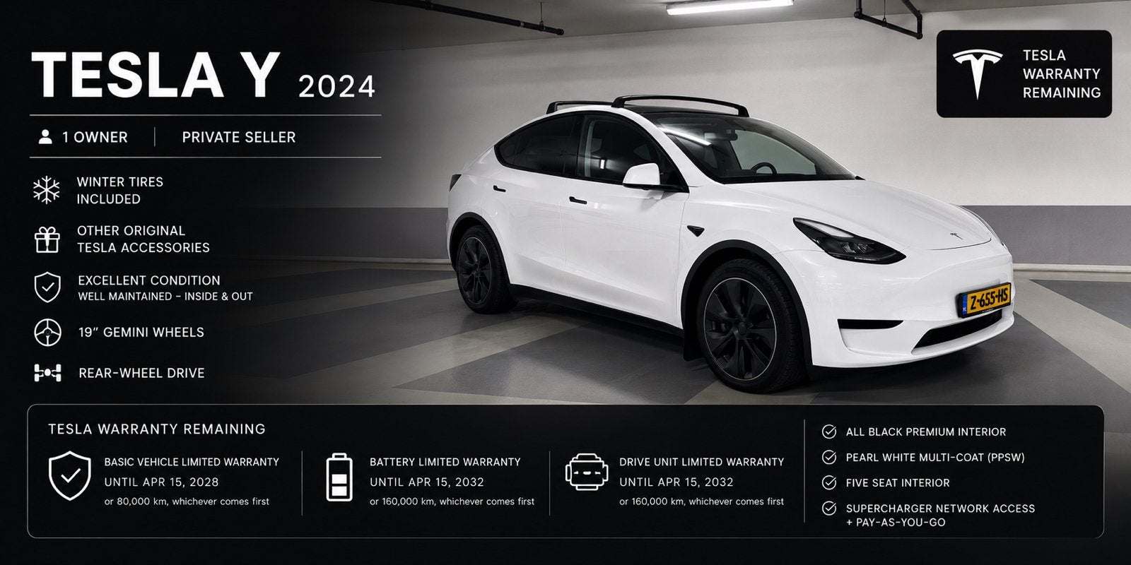 Tesla Model Y 2024 Wit | Winterbanden + Tesla Accessoires, Auto's, Tesla, Automaat, 375 min, Elektrisch, 1892 kg