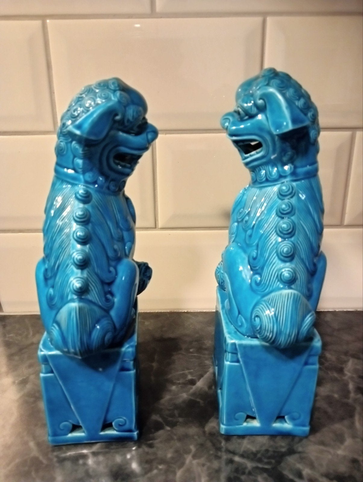 Set van 2 turquoise Chinese kleur Foo Dogs / Tempelleeuwen, Ophalen