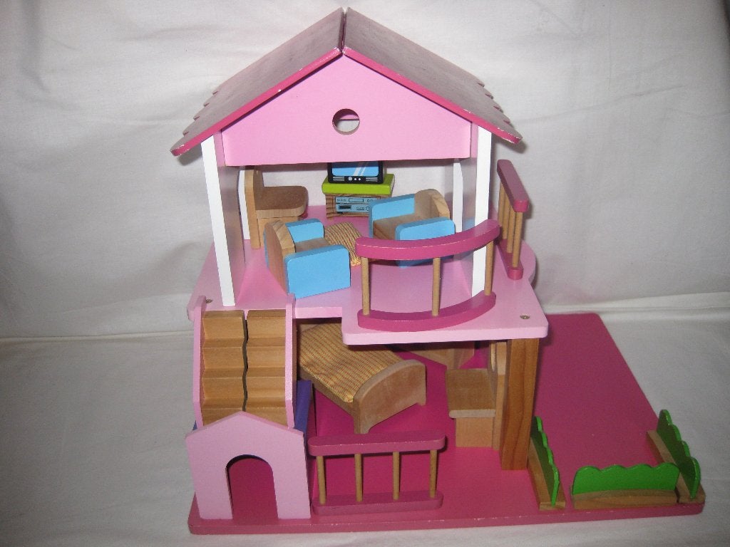 Houten Poppenhuis Met Inboedel Kast/Bed Enz, Ophalen of Verzenden, Gebruikt, Poppenhuis