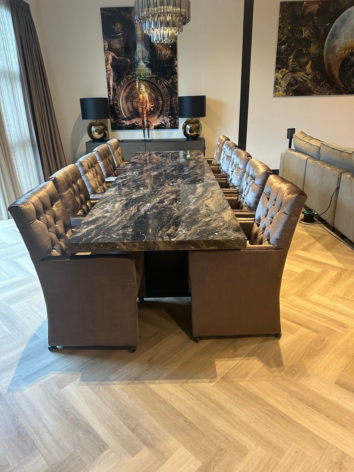 Luxe Driehoek Meubelen Eethoek: XL Tafel + 10 Gecapitonneerd, Ophalen, Overige materialen, 100 tot 150 cm, 200 cm of meer