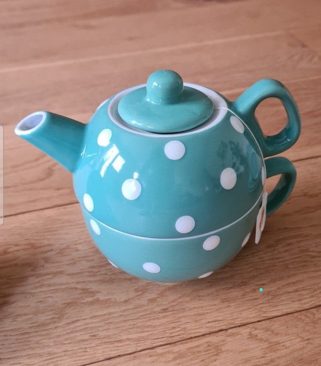 Theeservies met stippen en 4 lichtblauwe kop en schotels, Keramiek, Vintage, Ophalen of Verzenden, Zo goed als nieuw