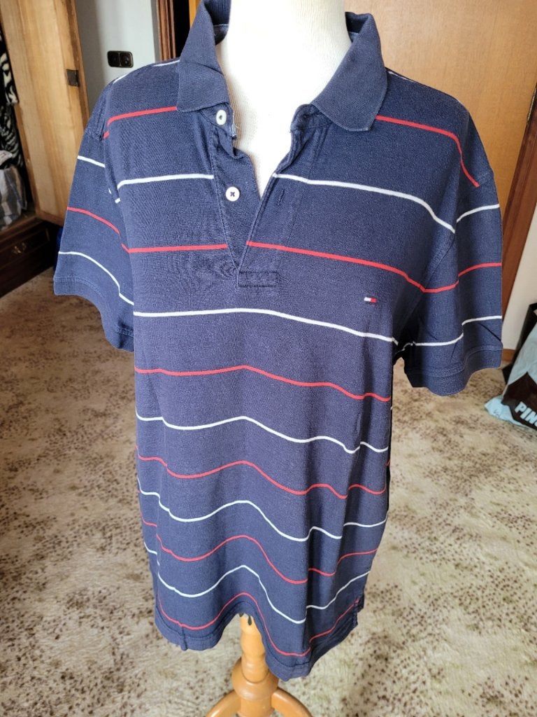 Tommy Hilfiger polo blauw streep L, Maat 52/54 (L), Blauw, Tommy Hilfiger, Ophalen of Verzenden