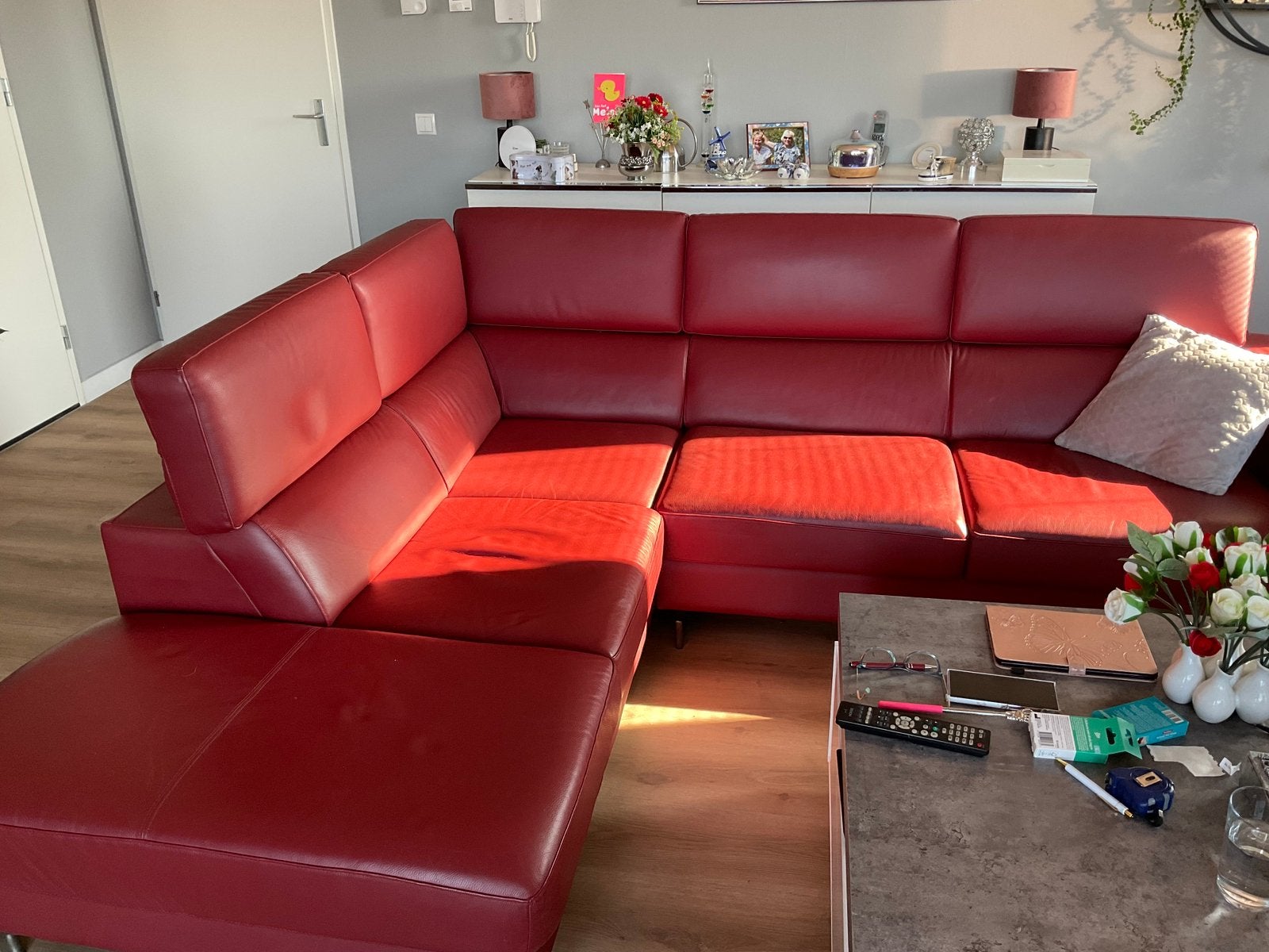 Donker rode leren bankstel, Huis en Inrichting, Ophalen, Gebruikt, Hoekbank, Leer