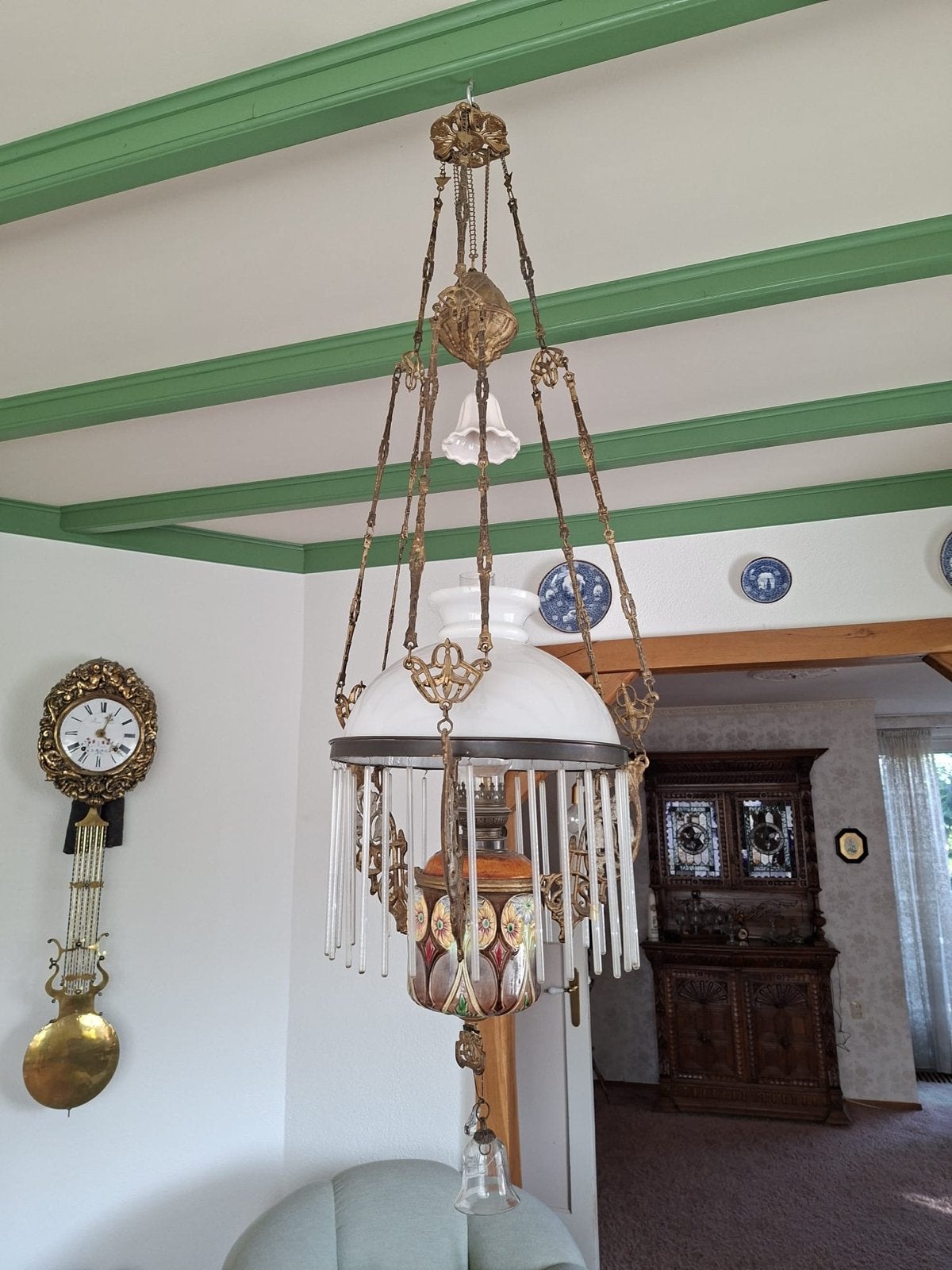 Antieke olielamp / hanglamp met glazen staafjes, Antiek en Kunst, Ophalen of Verzenden