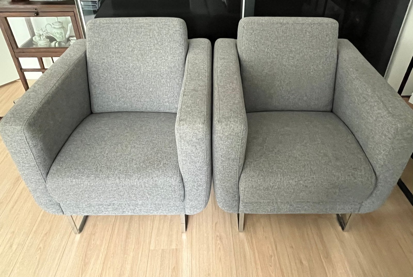 2 grijze fauteuils, woonkamer stoelen., Huis en Inrichting, Fauteuils, Ophalen, Gebruikt, 75 tot 100 cm, 50 tot 75 cm