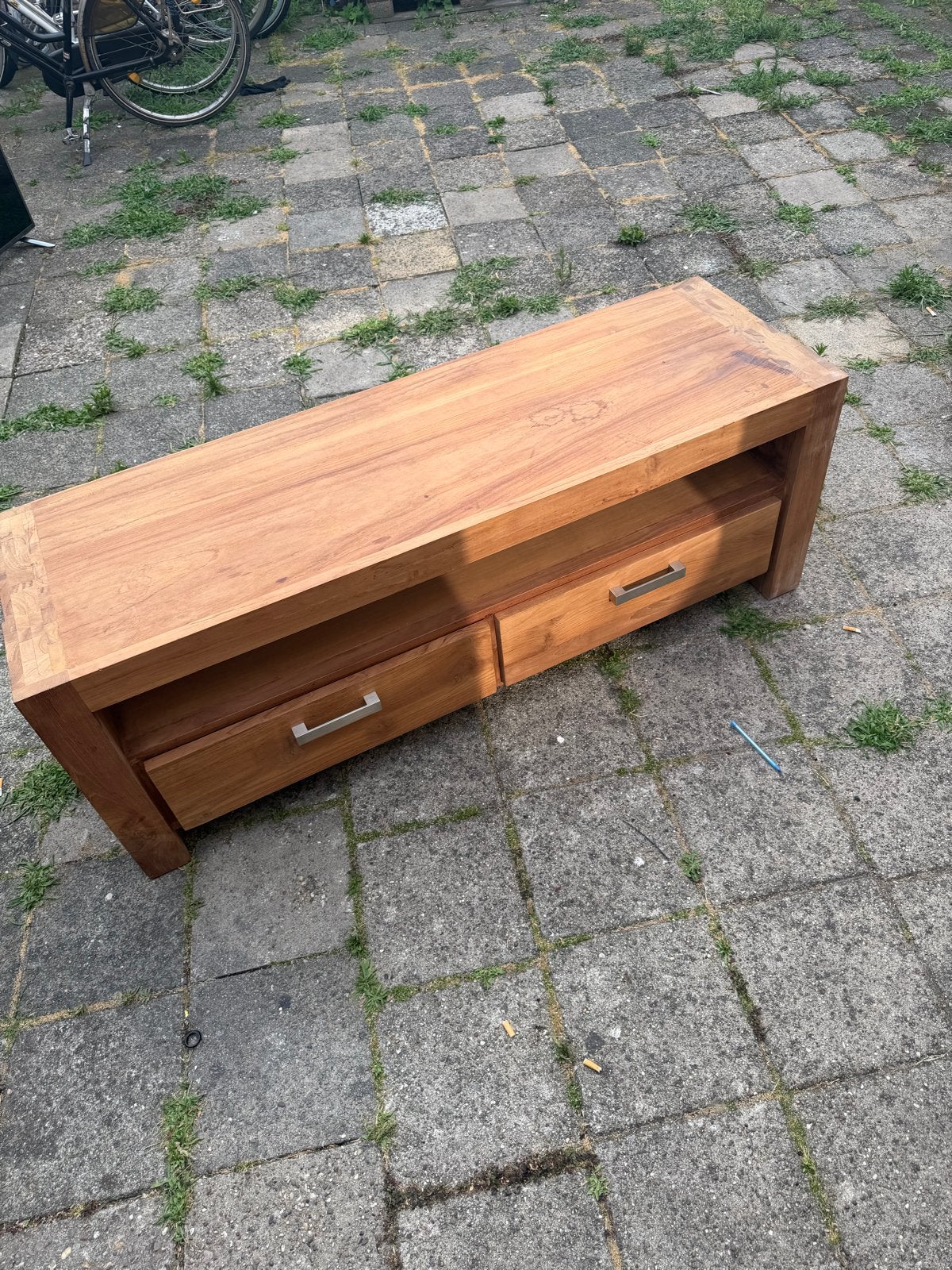Massief houten tv-meubel met lades, Ophalen, Gebruikt, 100 tot 150 cm, Minder dan 100 cm