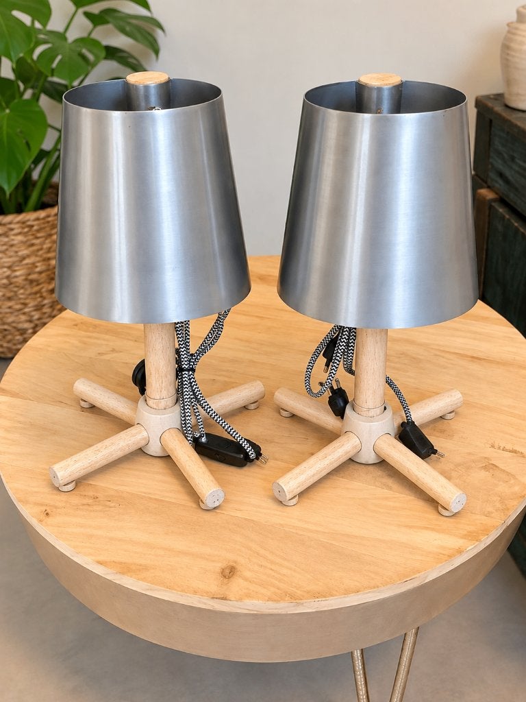 Loods 5 tafellampen - 2 stuks – hout & zilver – industrieel, Gebruikt, Overige merken, Nachtlamp, Ophalen of Verzenden